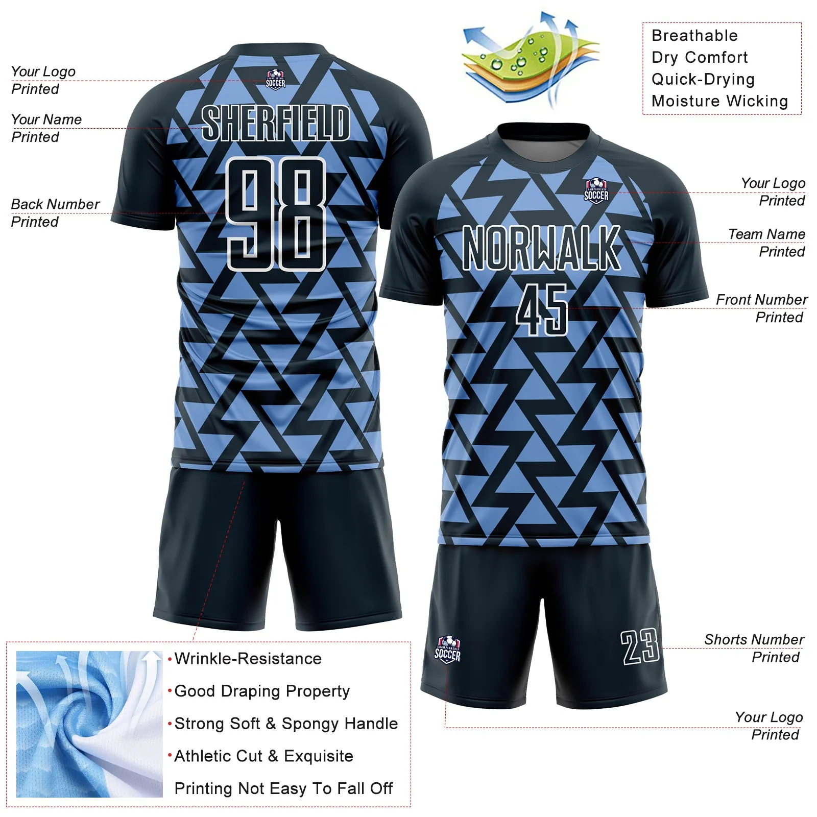 Custom Navy Light Blue-White Abstract Geometric Triangles Sublimation Soccer Uniform Jersey