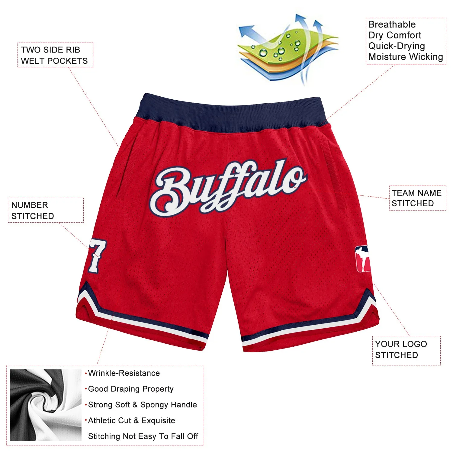 Custom Red White-Navy Authentic Throwback Basketball Shorts