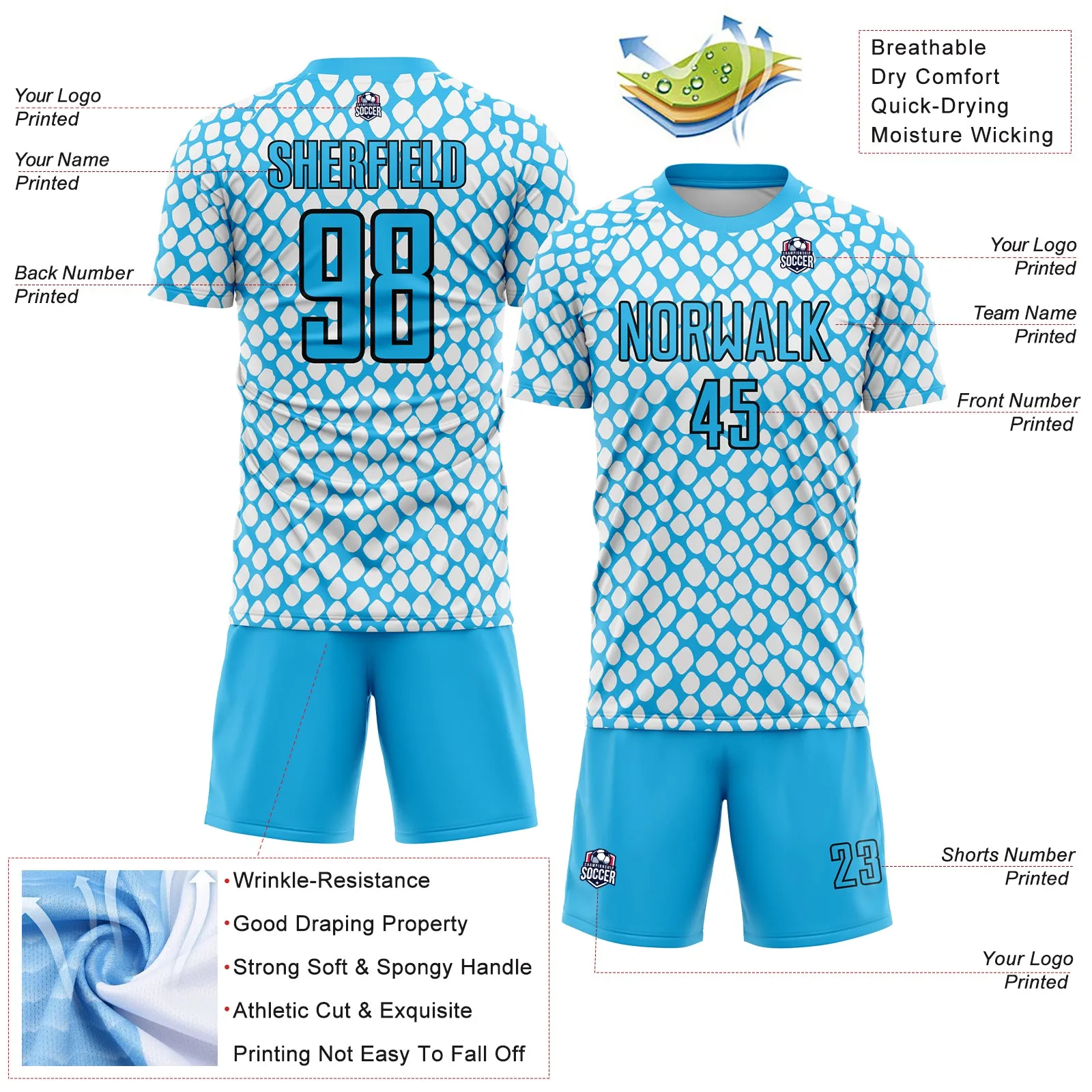 Custom Sky Blue Black-White Snake Skin Sublimation Soccer Uniform Jersey