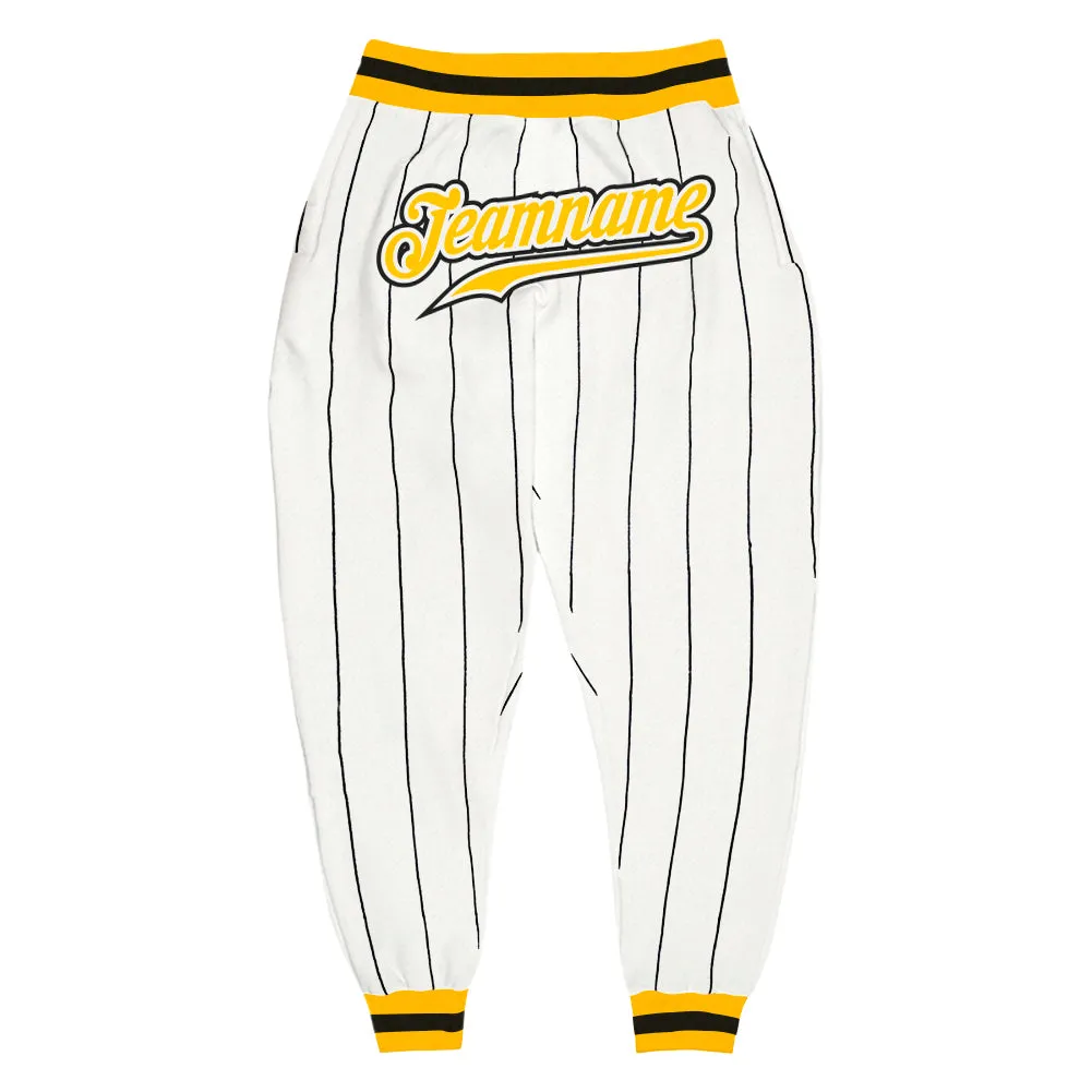 Custom White Black Pinstripe Gold-Black Sports Pants