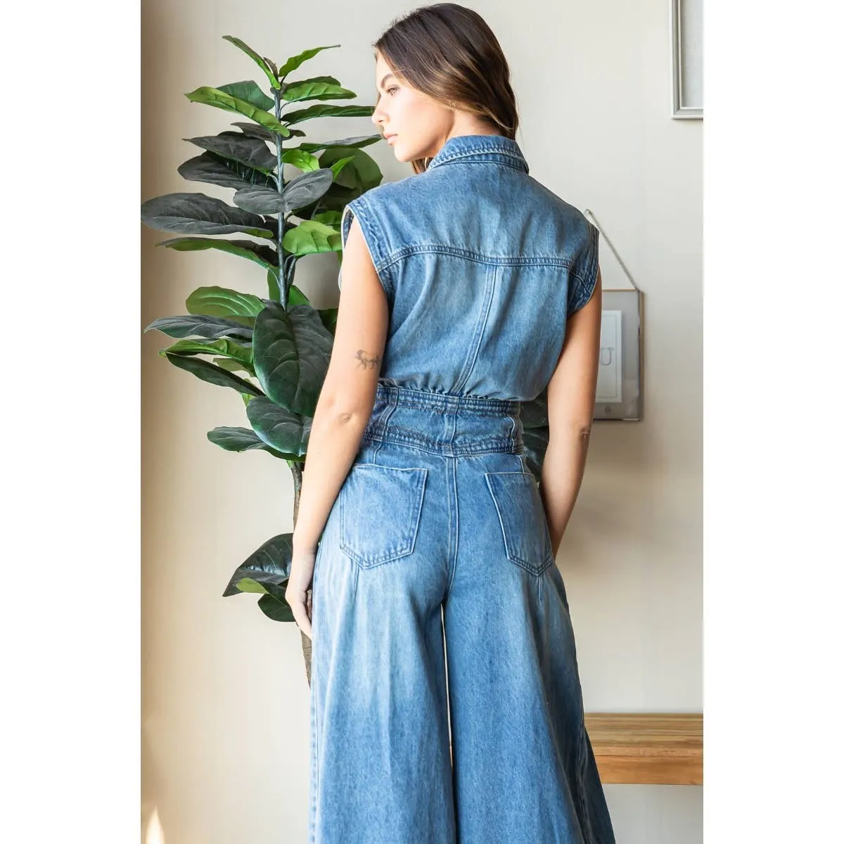 Denim Button Down Sleeveless Jumpsuit