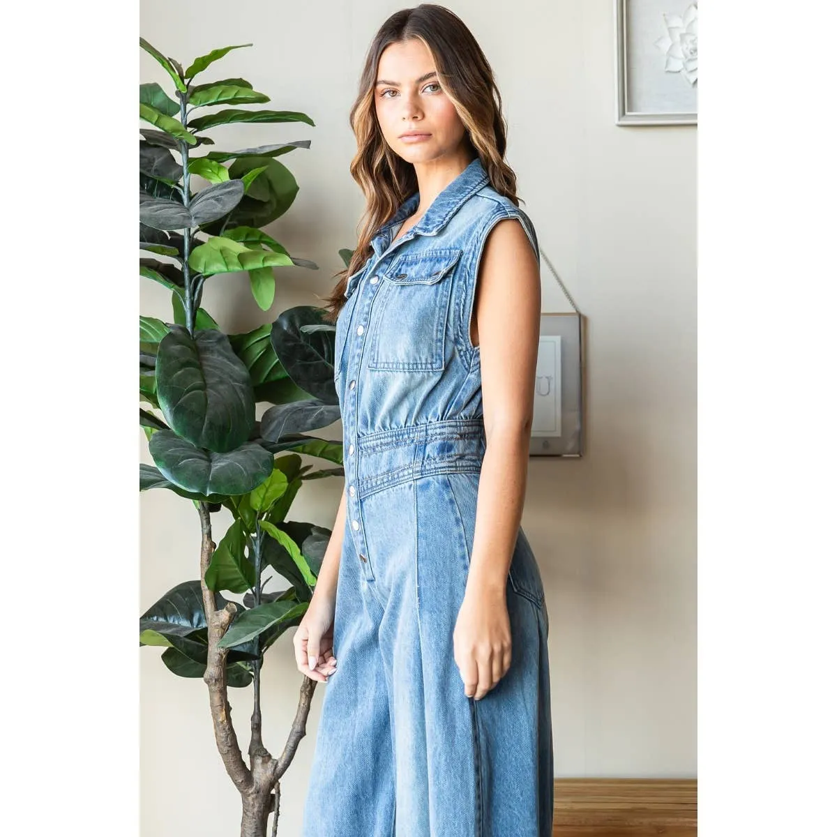 Denim Button Down Sleeveless Jumpsuit