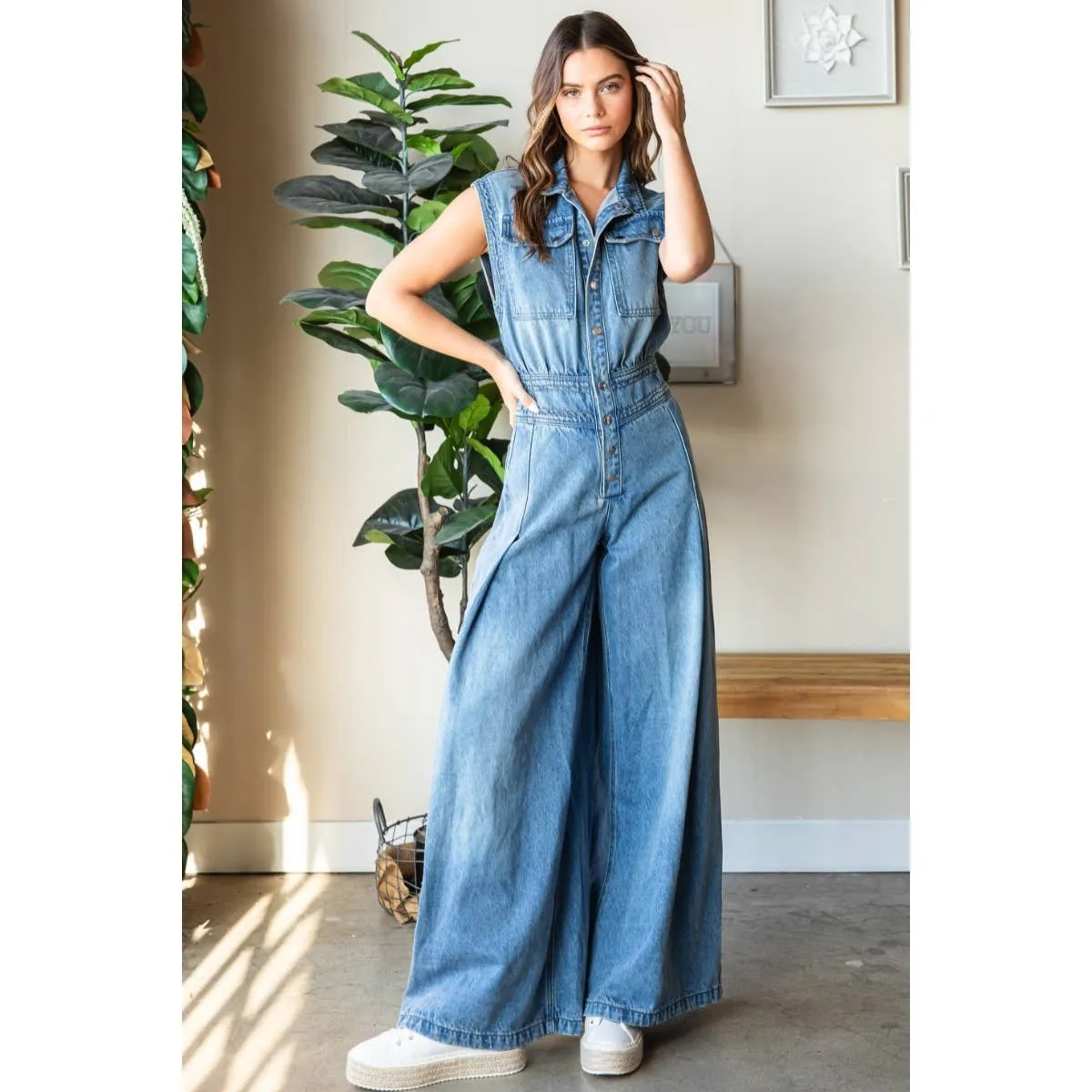 Denim Button Down Sleeveless Jumpsuit