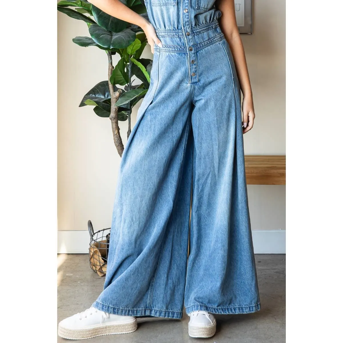 Denim Button Down Sleeveless Jumpsuit