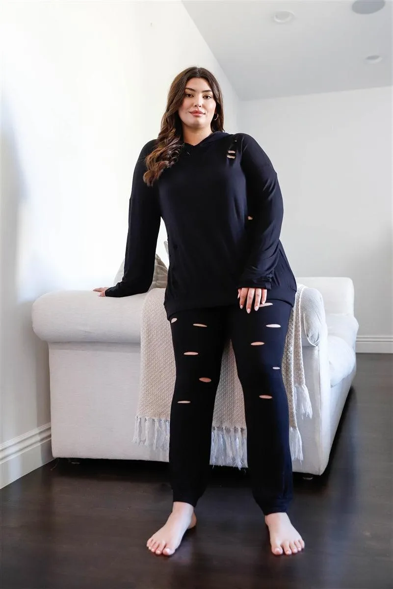 Distressed Hooded Top & Pants Set Plus Size