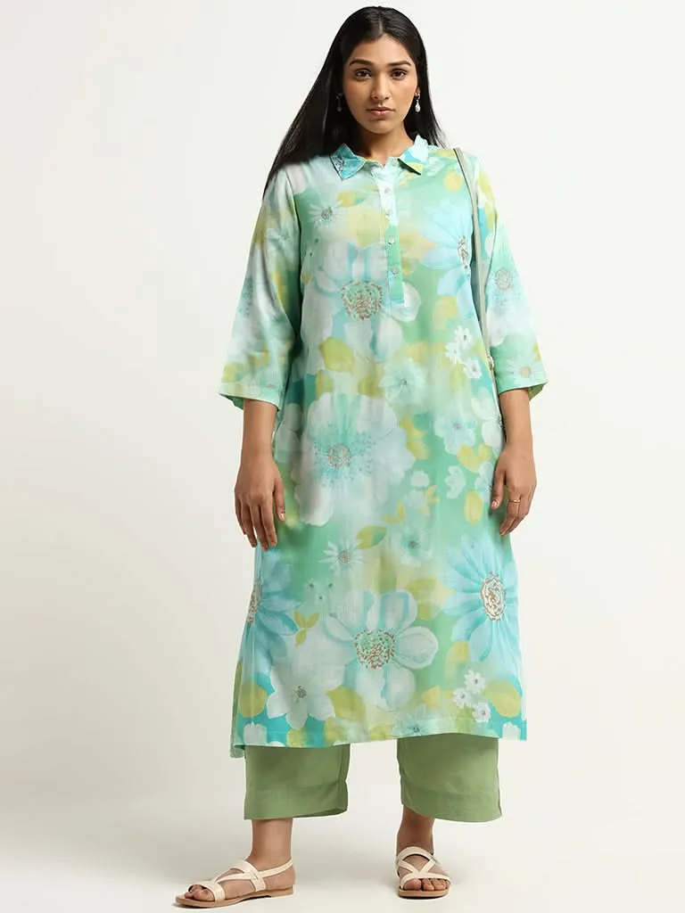 Diza Solid Green Wide-Leg Pants