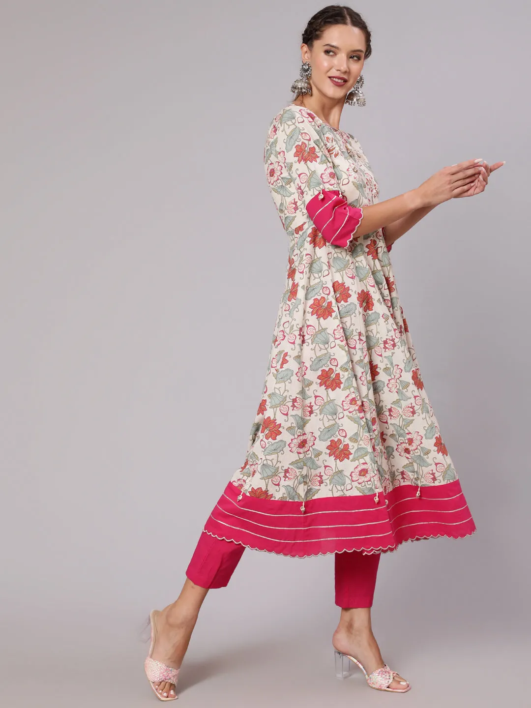 Embellished White And Pink Floral Printed Anarkali Kurta With Pants and Dupatta