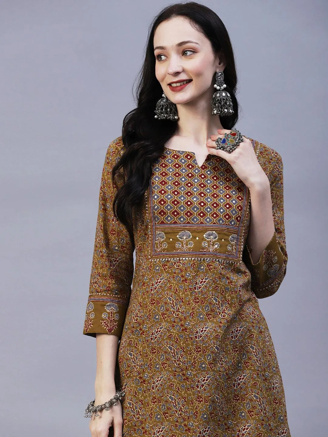 Floral Block Printed Zari & Sequins Embroidered Kurta With Pants - Taupe