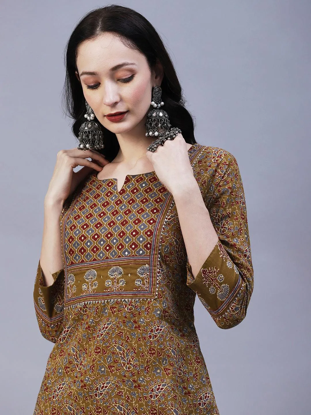 Floral Block Printed Zari & Sequins Embroidered Kurta With Pants - Taupe