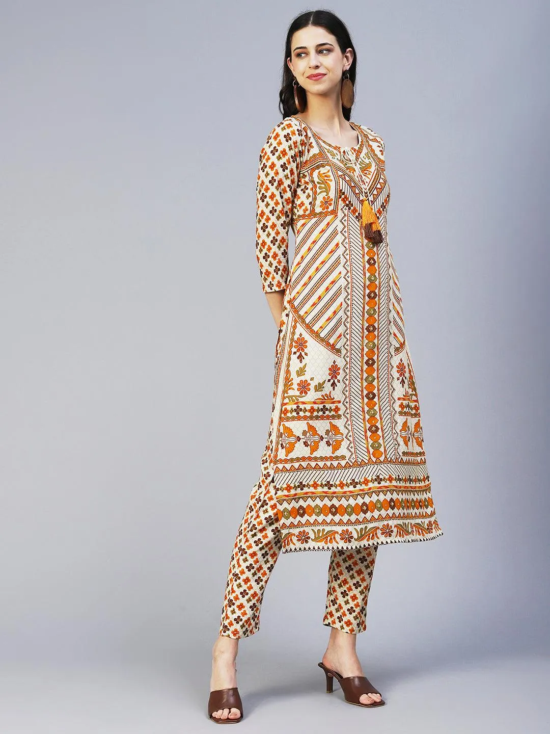 Floral Printed Hand Embroidered Kurta With Pants - Multi