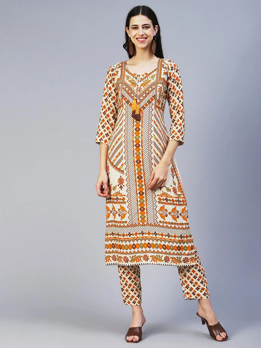 Floral Printed Hand Embroidered Kurta With Pants - Multi