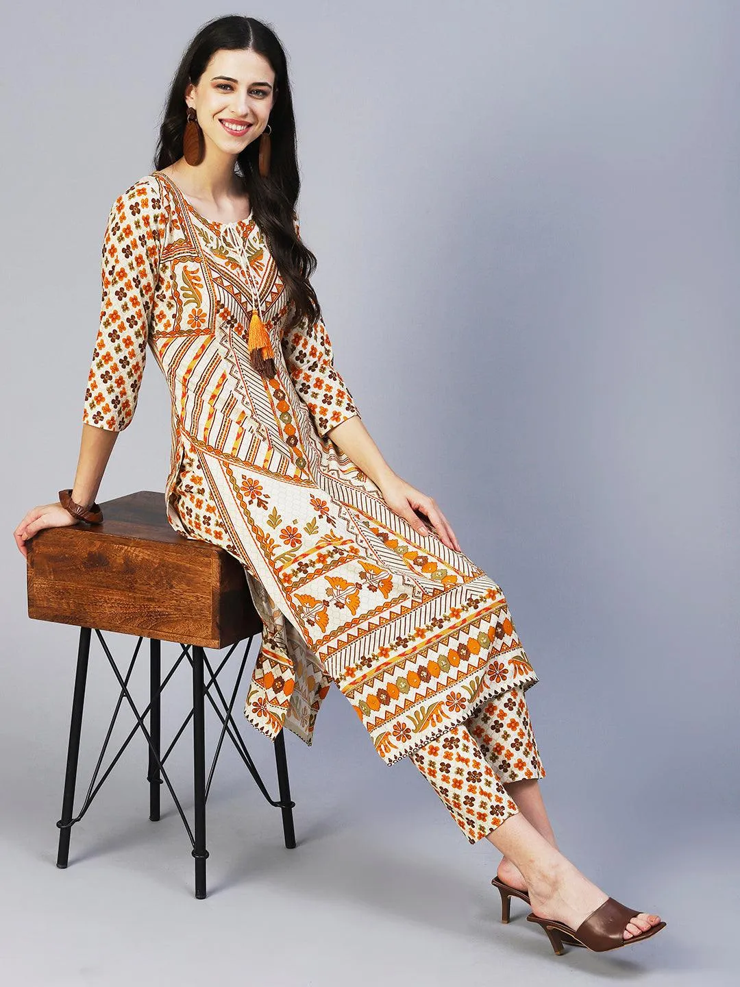 Floral Printed Hand Embroidered Kurta With Pants - Multi