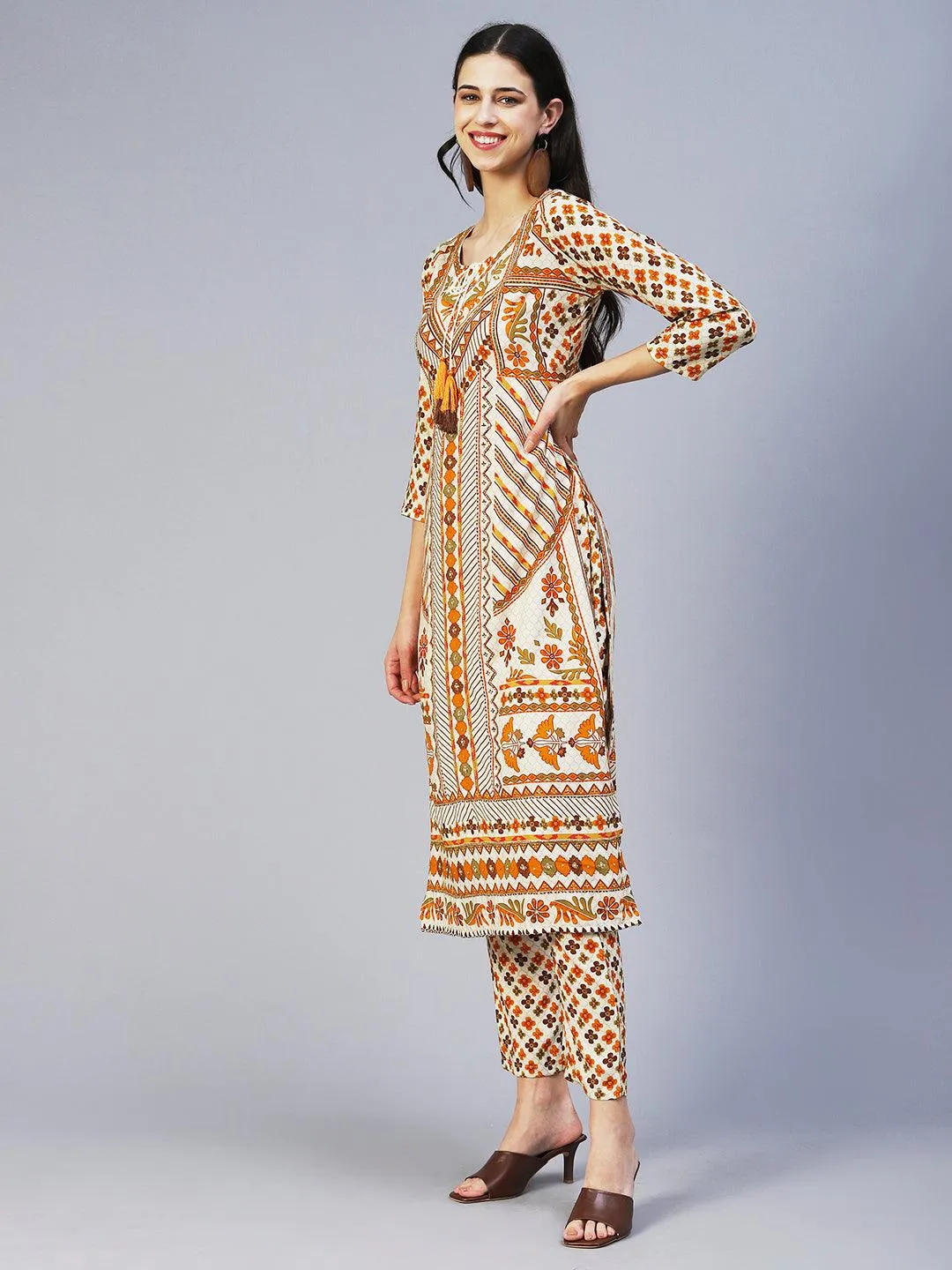 Floral Printed Hand Embroidered Kurta With Pants - Multi