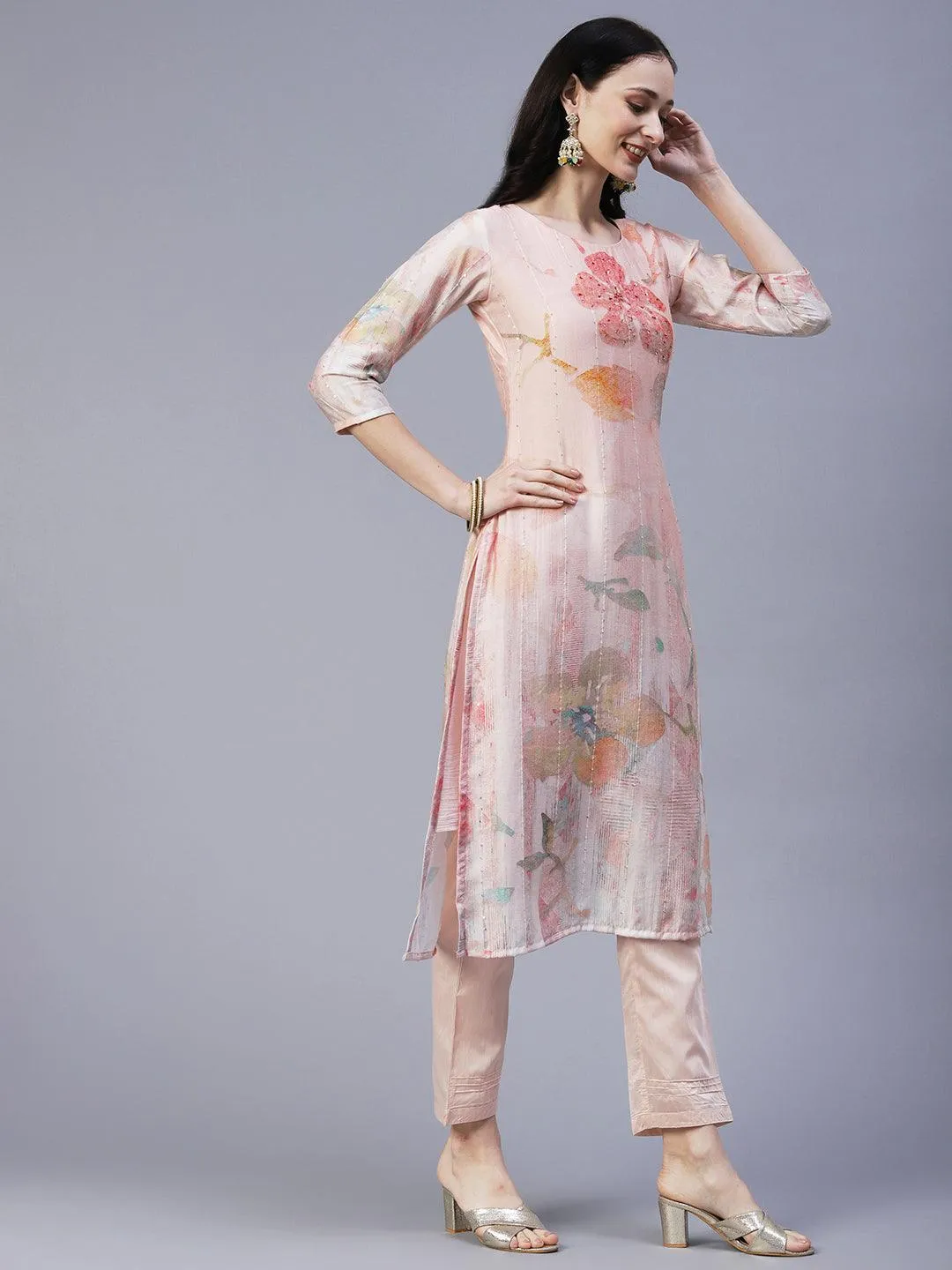 Floral Printed Mirror & Sequins Embroidered Kurta With Pants & Dupatta - Peach