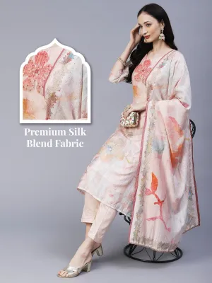 Floral Printed Mirror & Sequins Embroidered Kurta With Pants & Dupatta - Peach