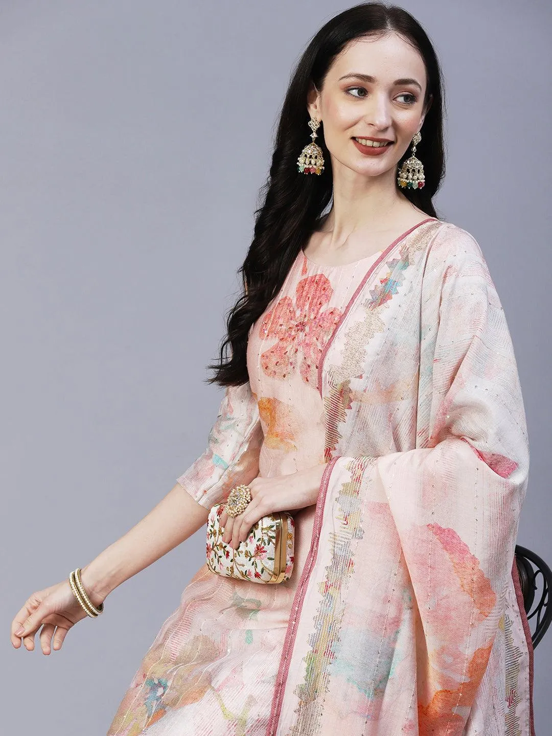 Floral Printed Mirror & Sequins Embroidered Kurta With Pants & Dupatta - Peach