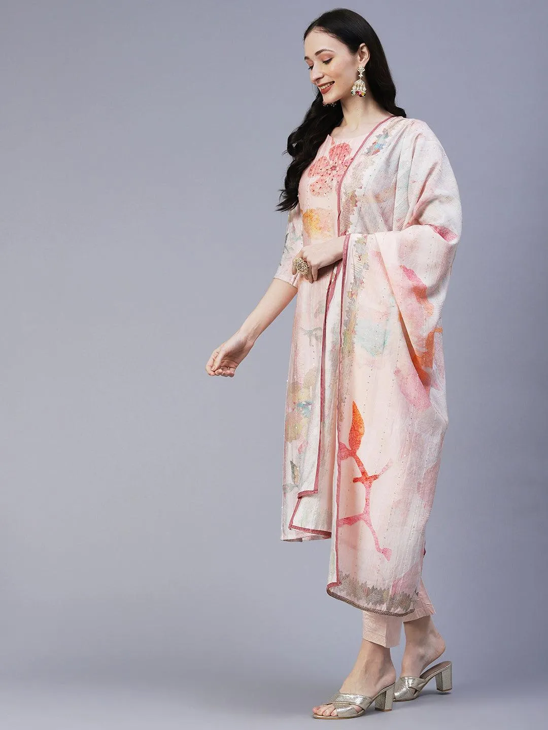 Floral Printed Mirror & Sequins Embroidered Kurta With Pants & Dupatta - Peach