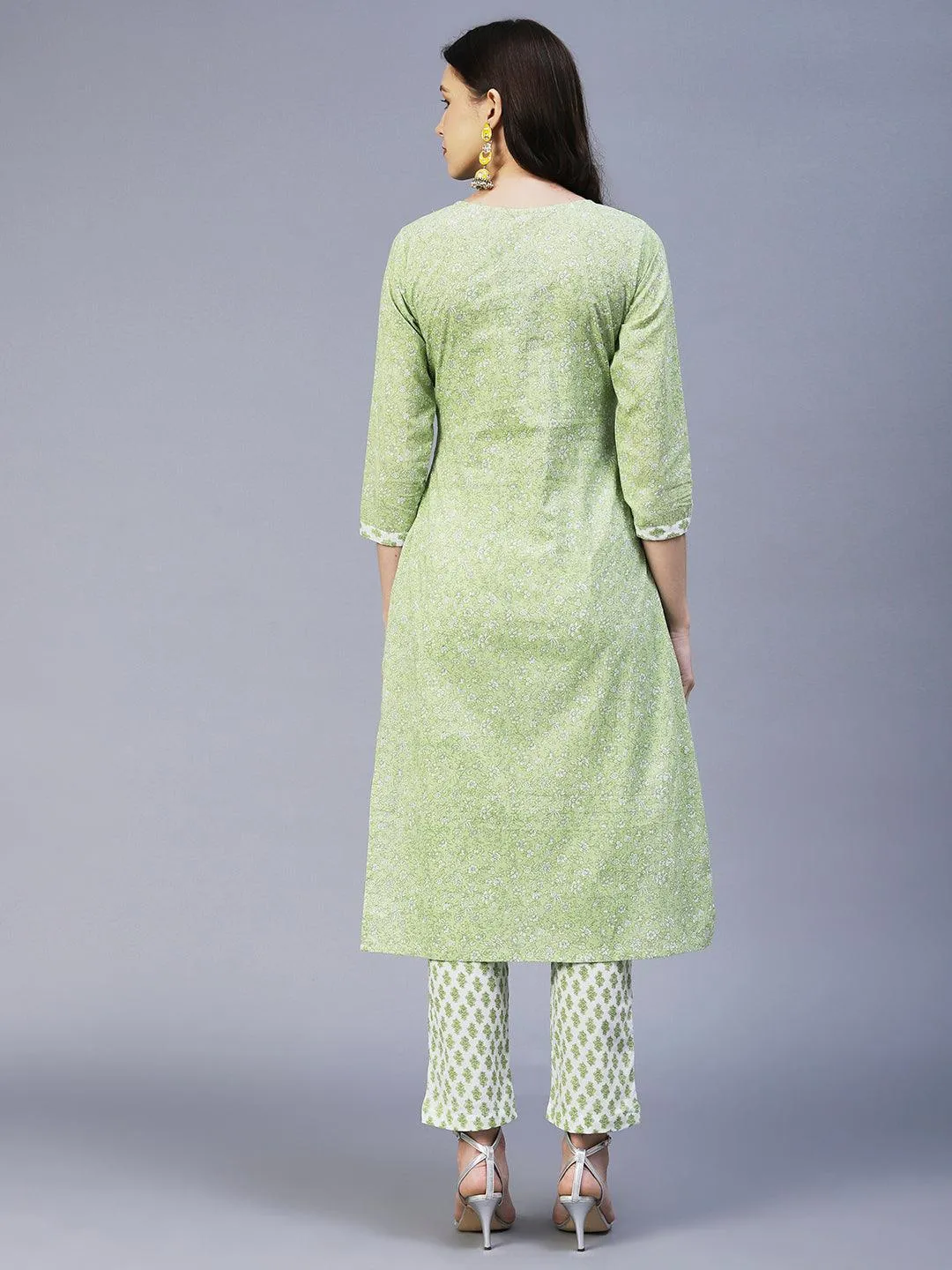 Floral Printed Resham Embroidered Kurta With Floral Pants - Lime Green