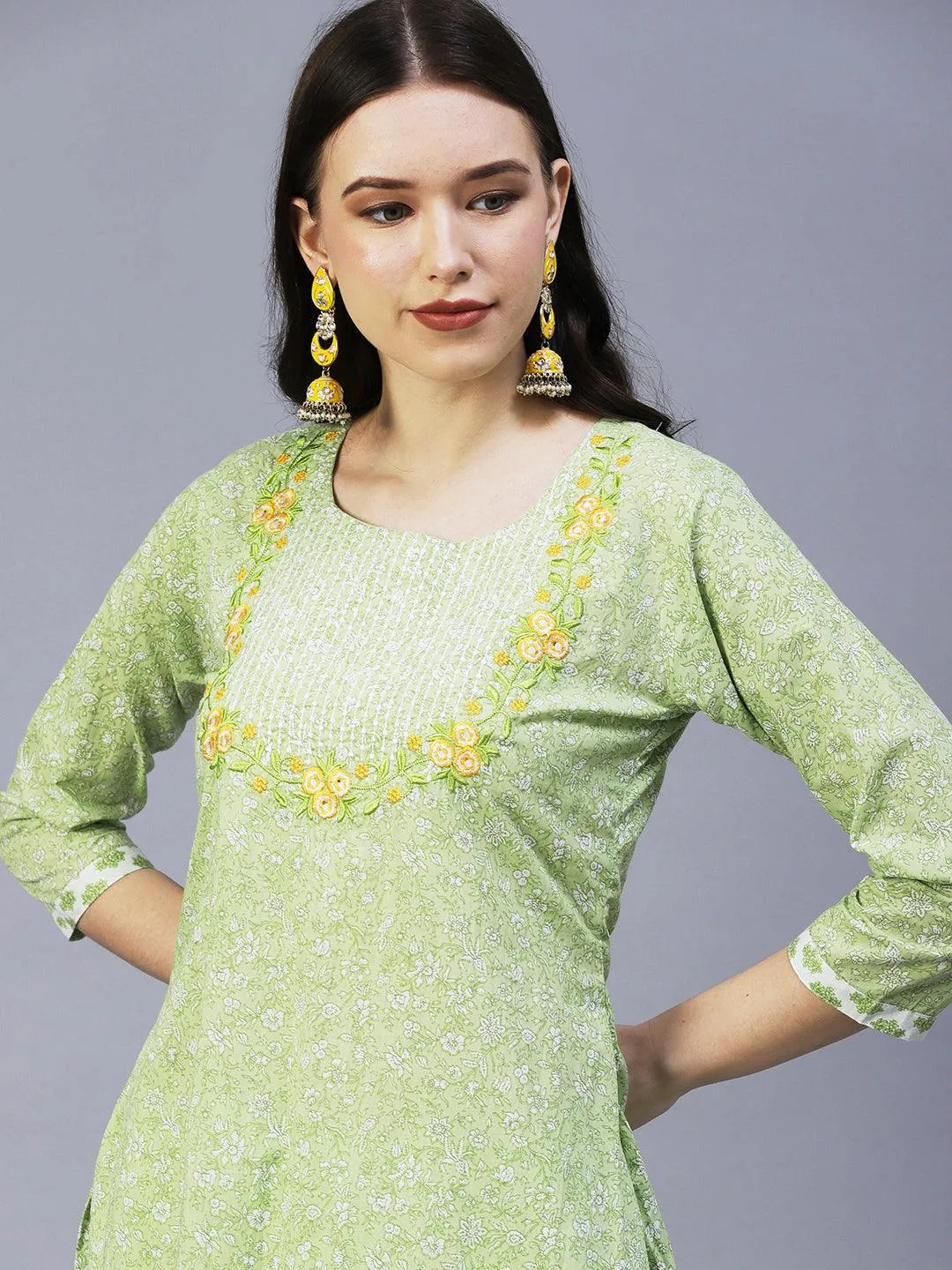 Floral Printed Resham Embroidered Kurta With Floral Pants - Lime Green