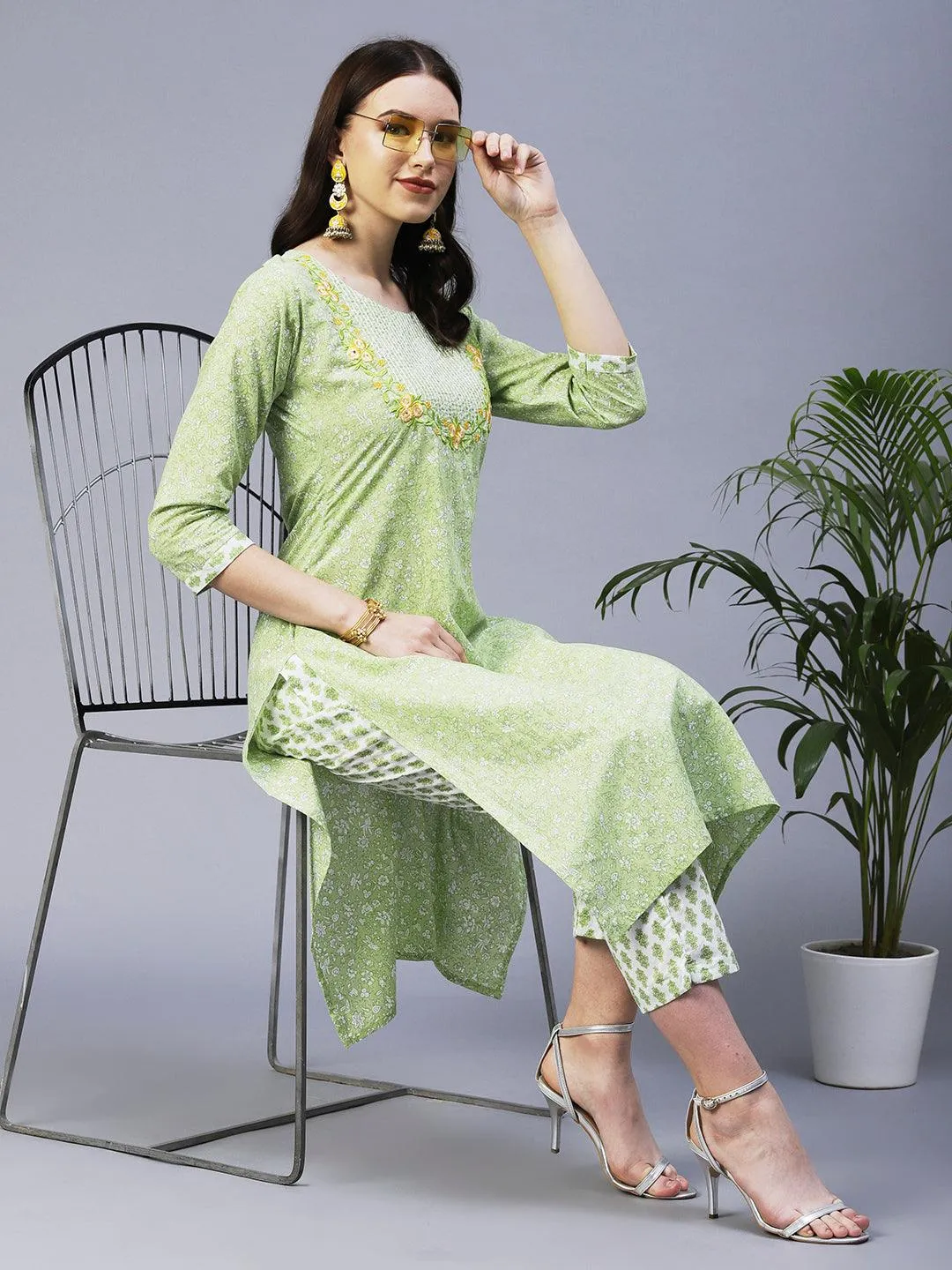 Floral Printed Resham Embroidered Kurta With Floral Pants - Lime Green