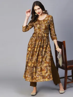 Floral Printed Zari Embroidered Gathered High Slit Kurta With Pants - Mustard