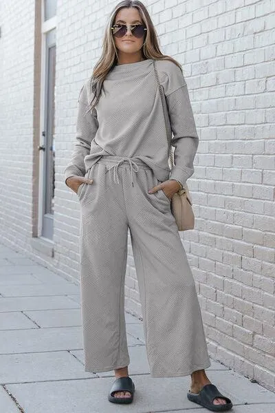 Full Size Textured Long Sleeve Top and Drawstring Pants Set