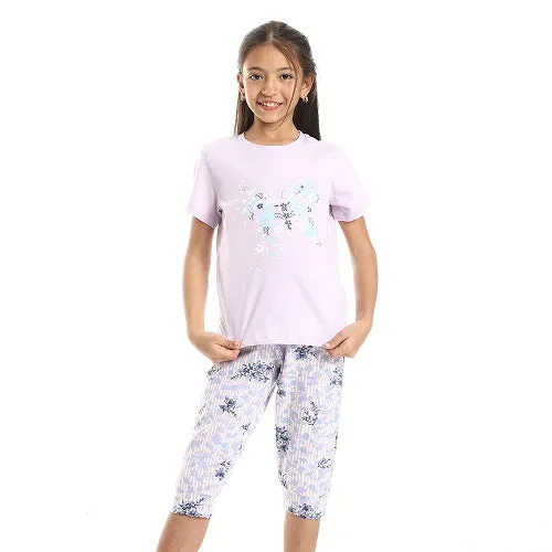 Girls Floral Butterfly Tee & Slip On Pants Pajama Set - Kashmir & White