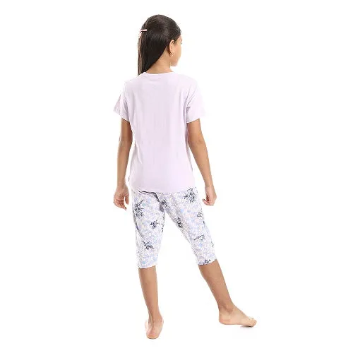 Girls Floral Butterfly Tee & Slip On Pants Pajama Set - Kashmir & White