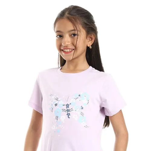 Girls Floral Butterfly Tee & Slip On Pants Pajama Set - Kashmir & White