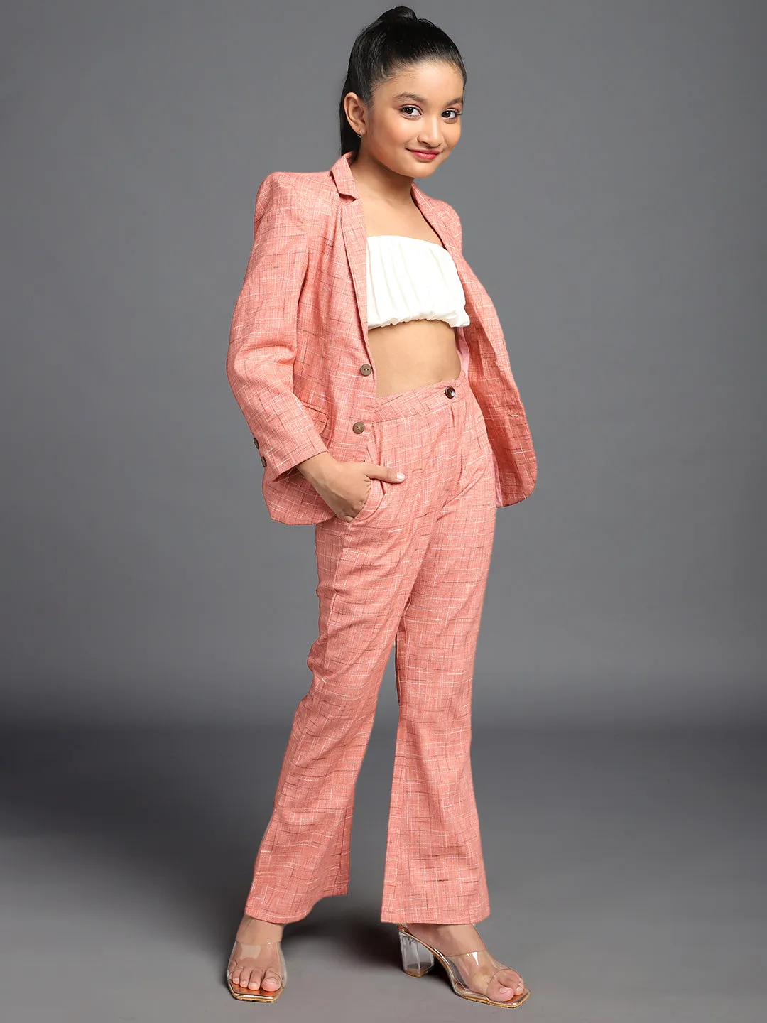 Girl's Peach Checks Self Design Blazer & Top With Pant Set - Aks Girls