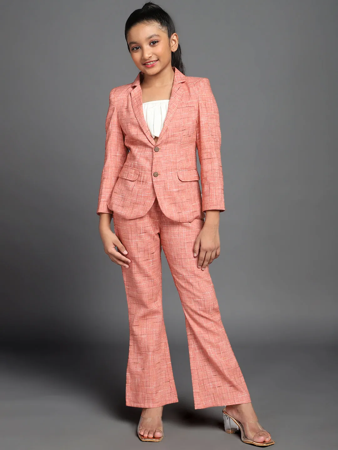 Girl's Peach Checks Self Design Blazer & Top With Pant Set - Aks Girls