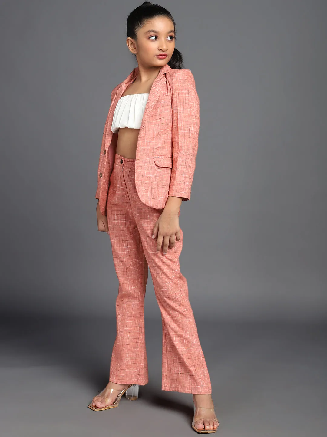 Girl's Peach Checks Self Design Blazer & Top With Pant Set - Aks Girls