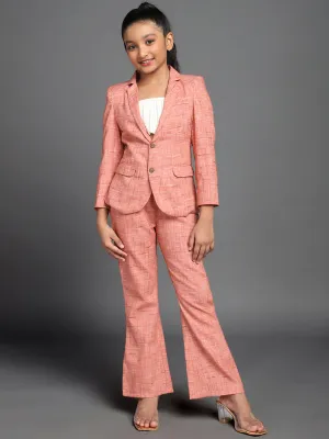 Girl's Peach Checks Self Design Blazer & Top With Pant Set - Aks Girls