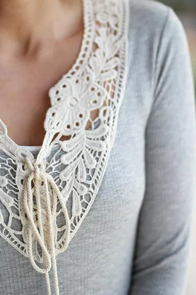 Gray Top with Crochet Detail