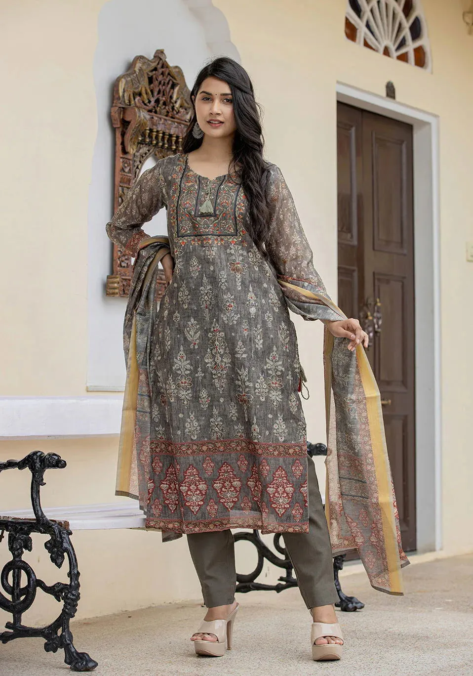 Grey Green Hues Chanderi Digital Print & Sequin Work Straight Shape Suit Set with Dupatta