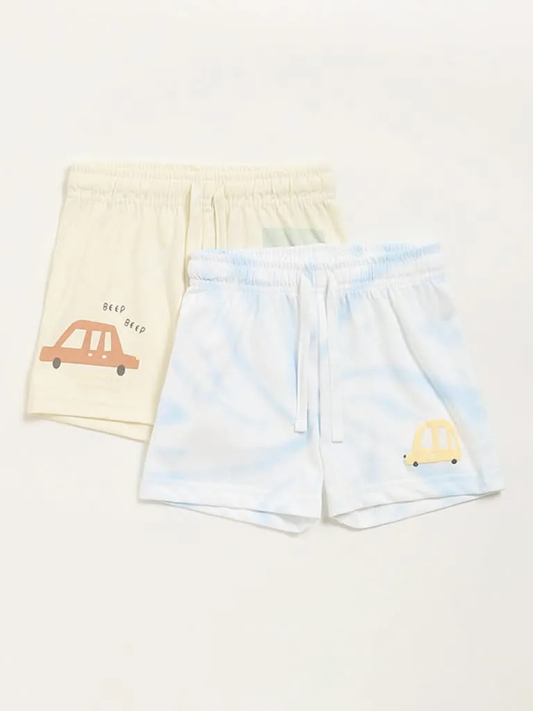 HOP Baby Beige & Blue Tie-Dye Printed Shorts- Pack of 2