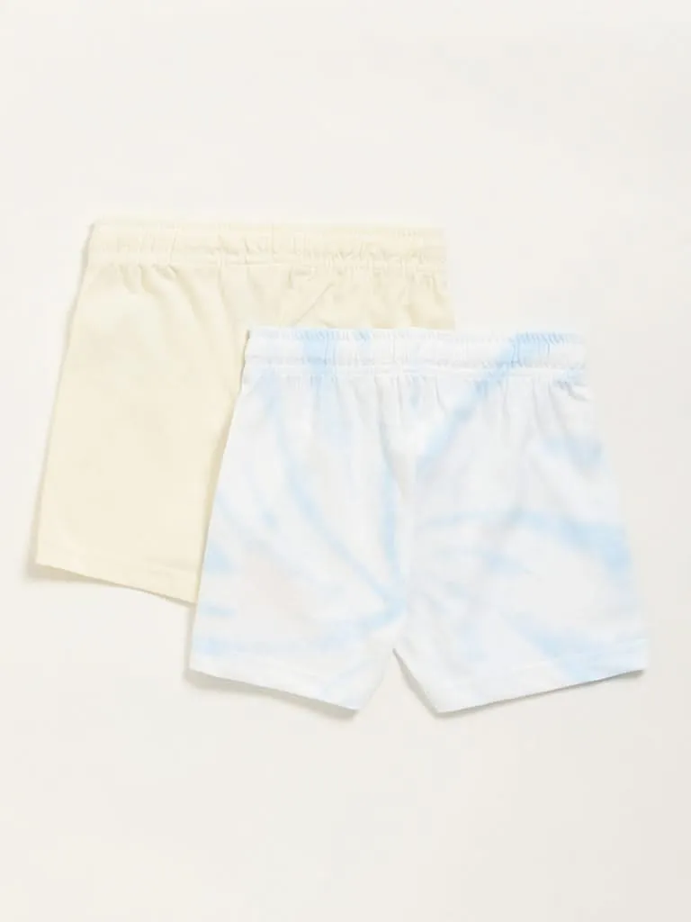 HOP Baby Beige & Blue Tie-Dye Printed Shorts- Pack of 2