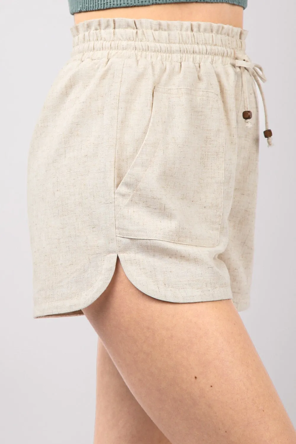 Hot Girl Drawstring Elastic Waist Linen Shorts In Oatmeal