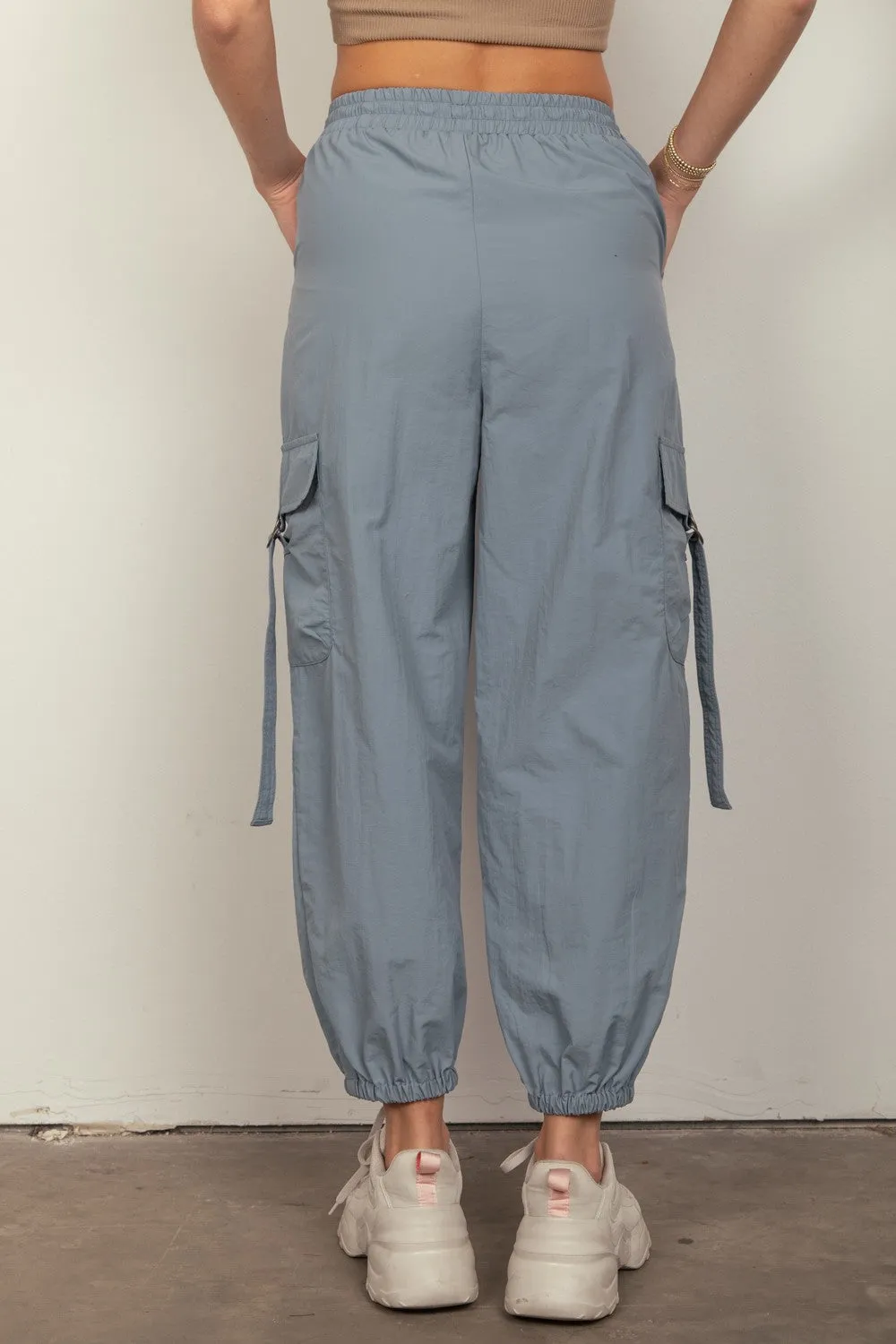 Hot Girl Elastic Waist Woven Cargo Pants In Dusty Blue