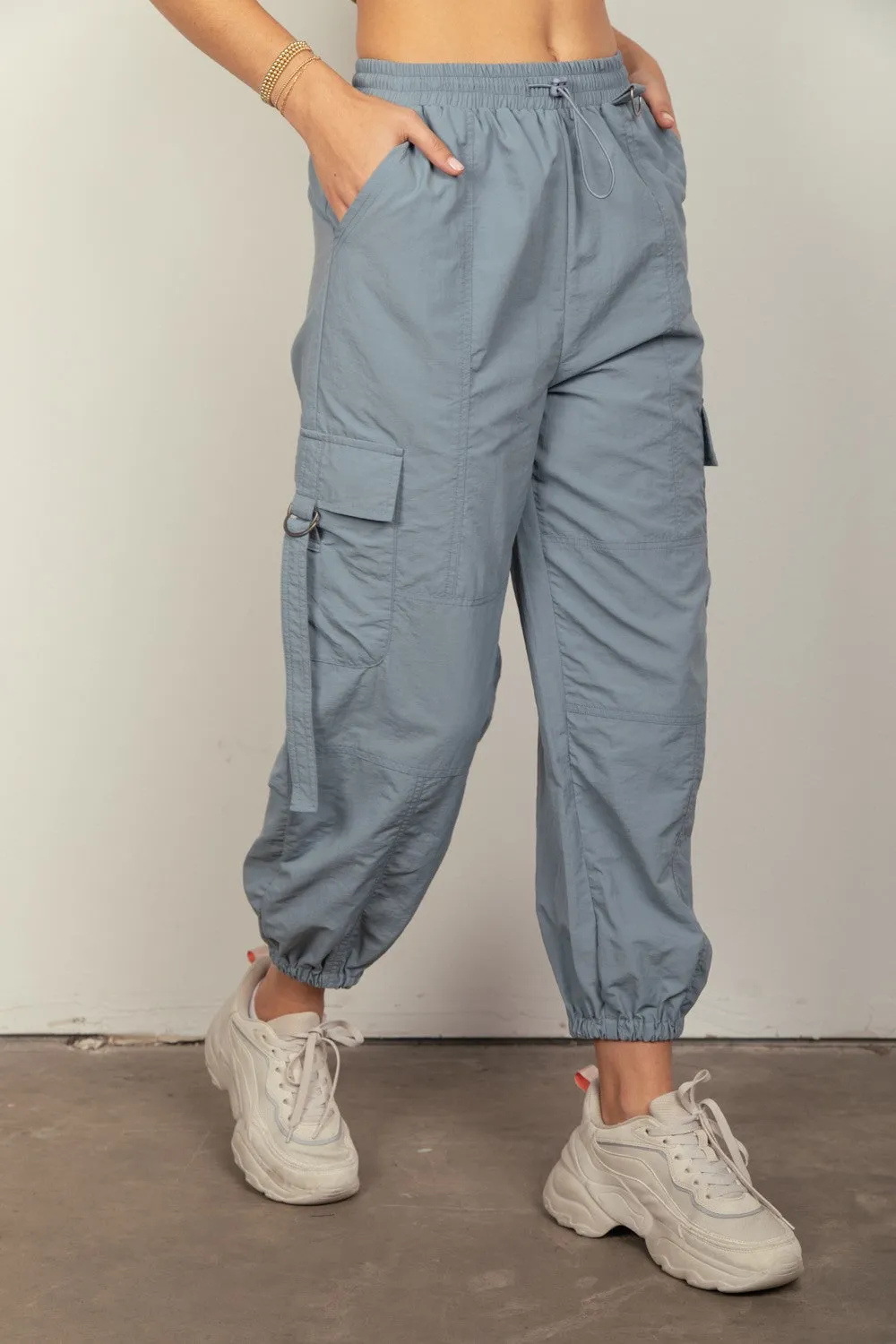 Hot Girl Elastic Waist Woven Cargo Pants In Dusty Blue