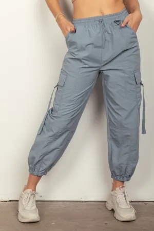 Hot Girl Elastic Waist Woven Cargo Pants In Dusty Blue