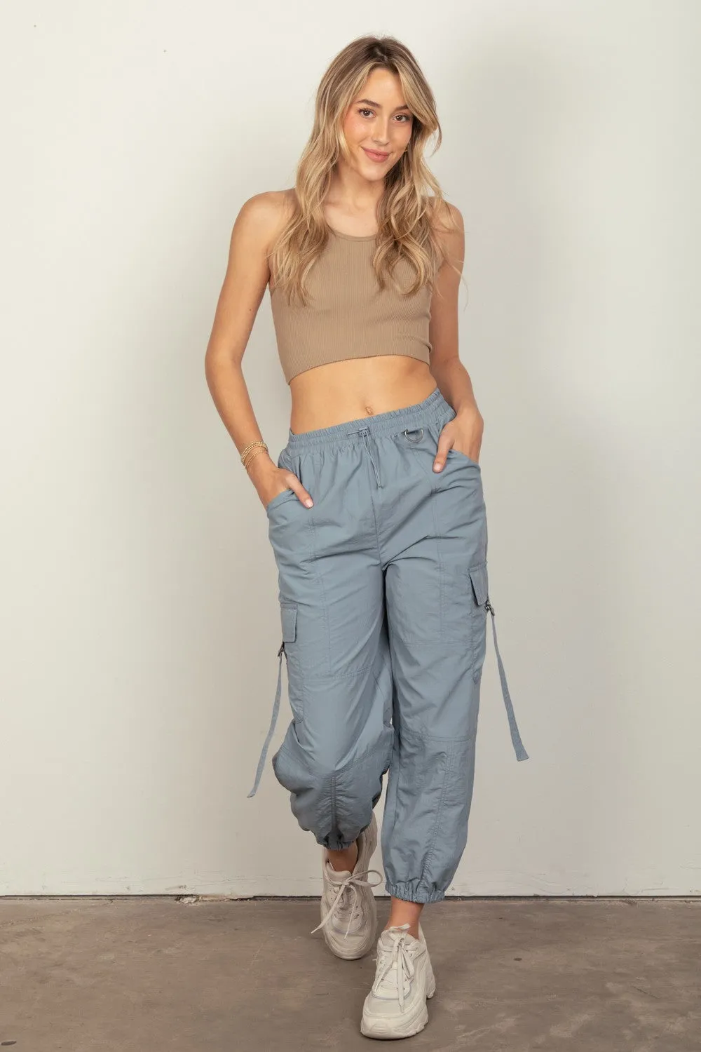 Hot Girl Elastic Waist Woven Cargo Pants In Dusty Blue