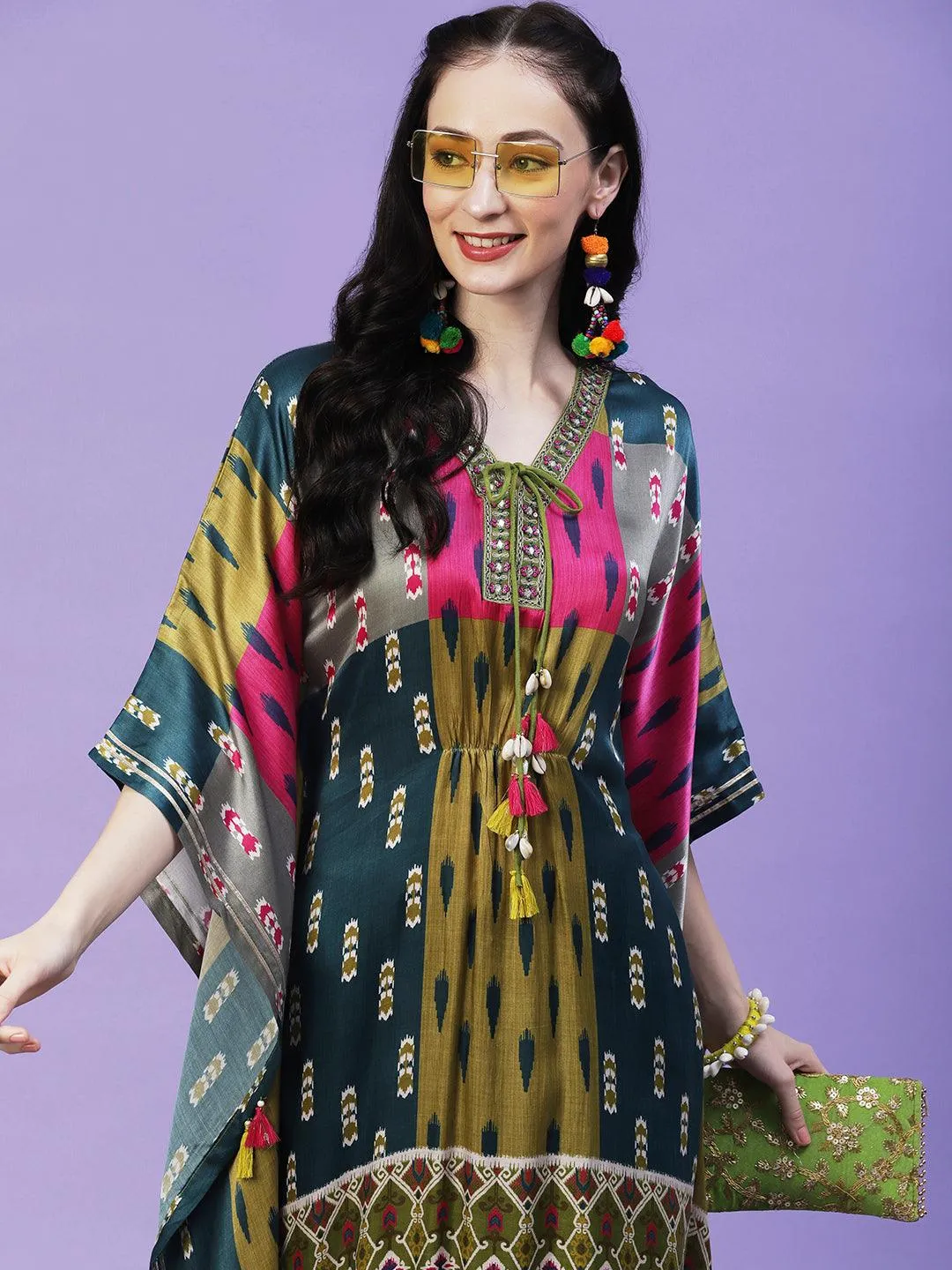 Ikkat Printed Mirror & Zari Embroidered Tasseled Kaftan With Pants - Multi