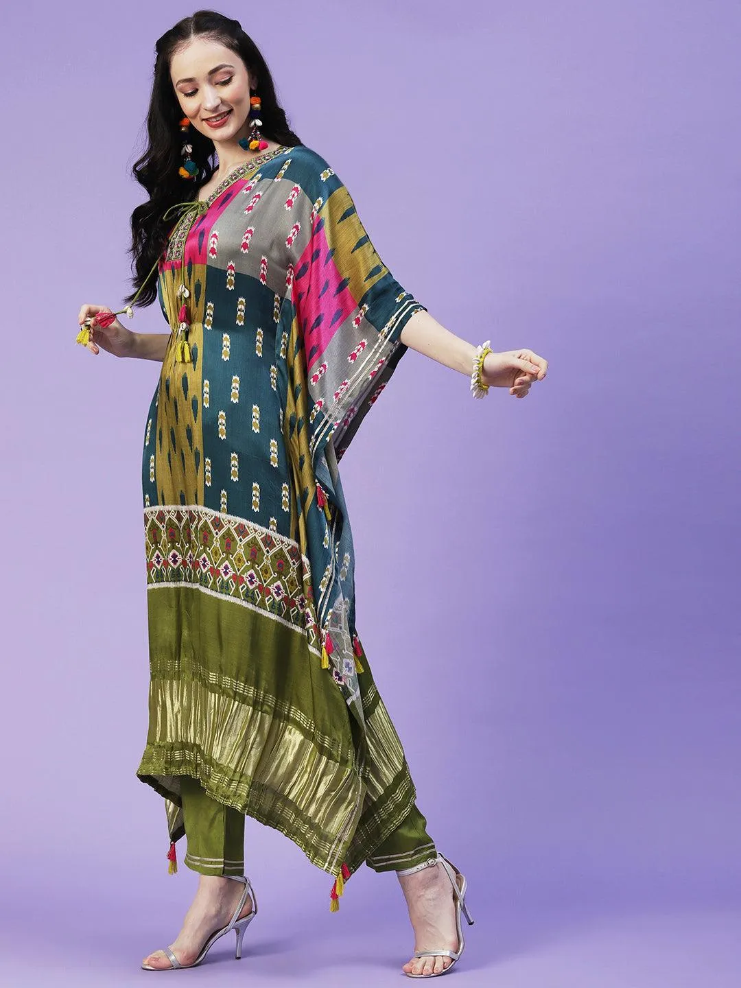 Ikkat Printed Mirror & Zari Embroidered Tasseled Kaftan With Pants - Multi