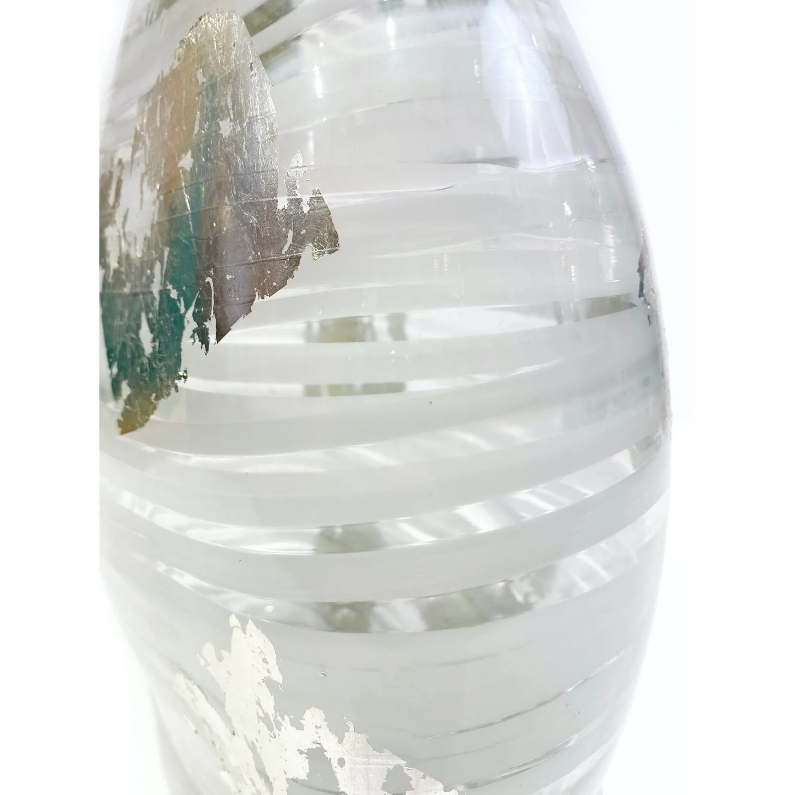 Italian Art Deco Style Silver Leaf White Clear Murano Glass Sculpture Vase