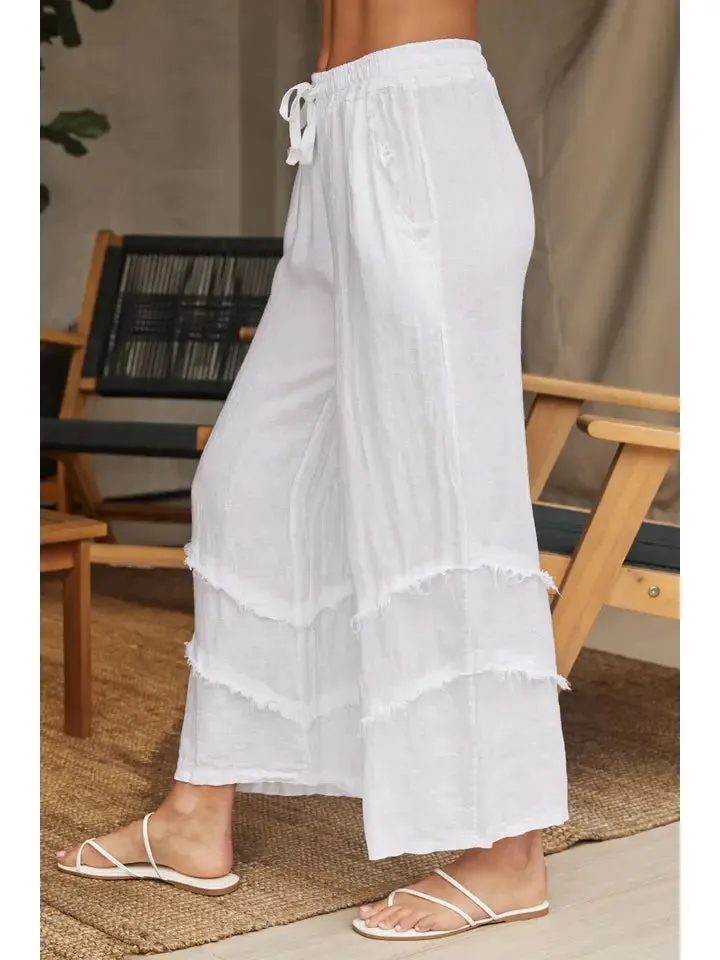 Italian Linen Frill Trim Palazzo Pants