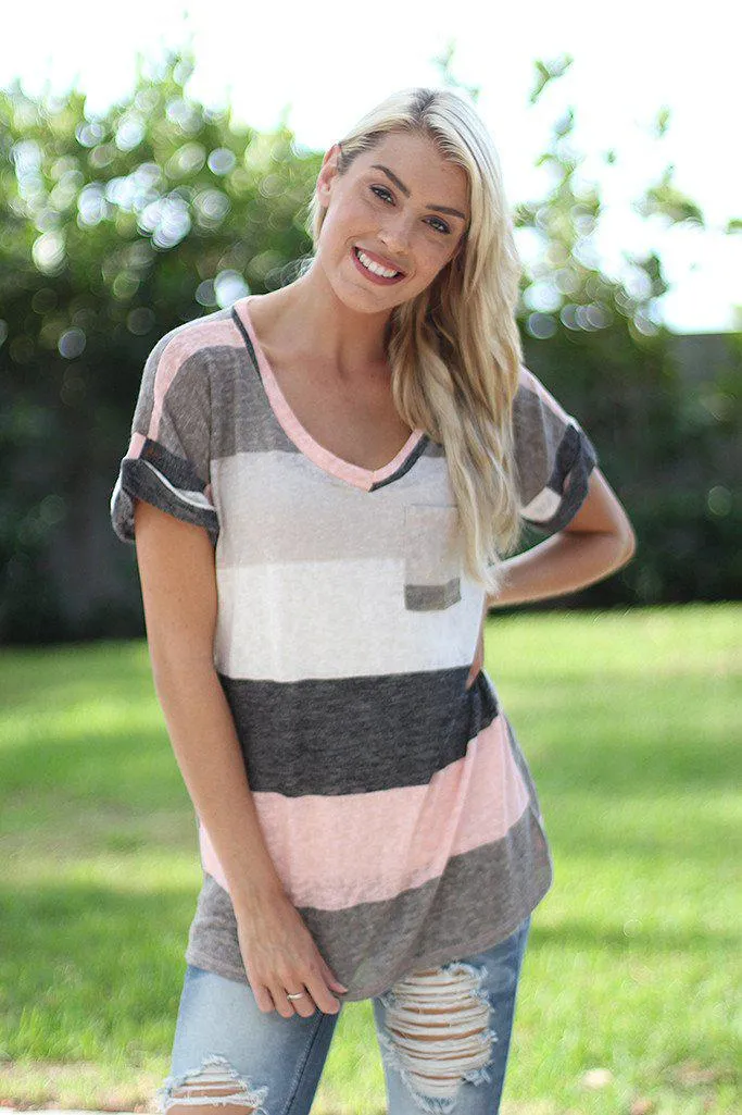 Ivory and Pink V-Neck Top