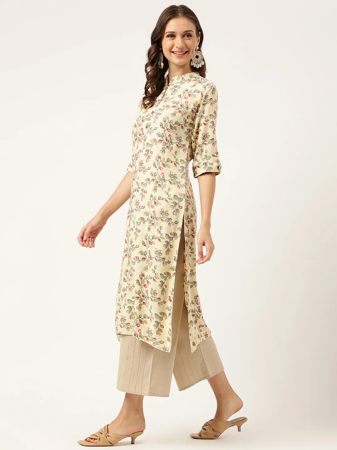 Jashvi Beige Floral Digital Printed Straight Fold Sleeve Kurta