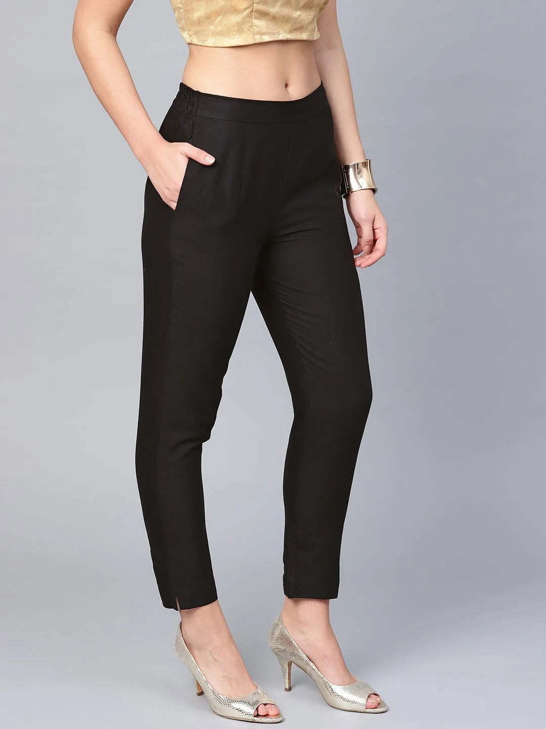 Jashvi Black Solid Cotton Flex Slim Fit Women Pants With Two Pockets