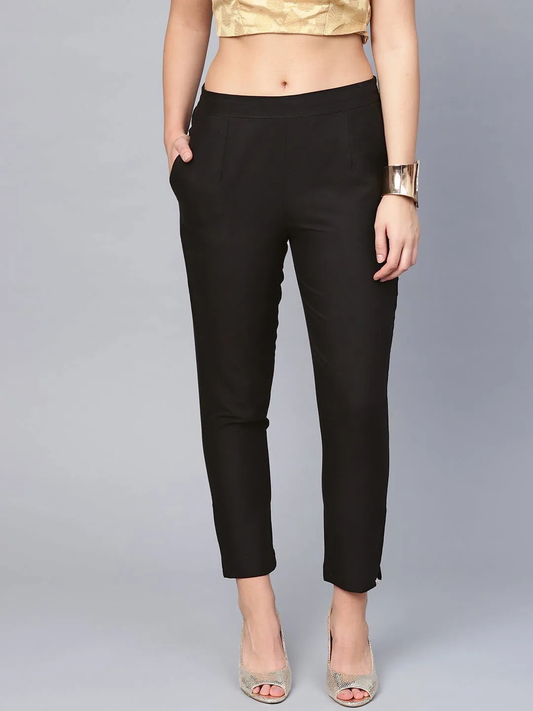 Jashvi Black Solid Cotton Flex Slim Fit Women Pants With Two Pockets